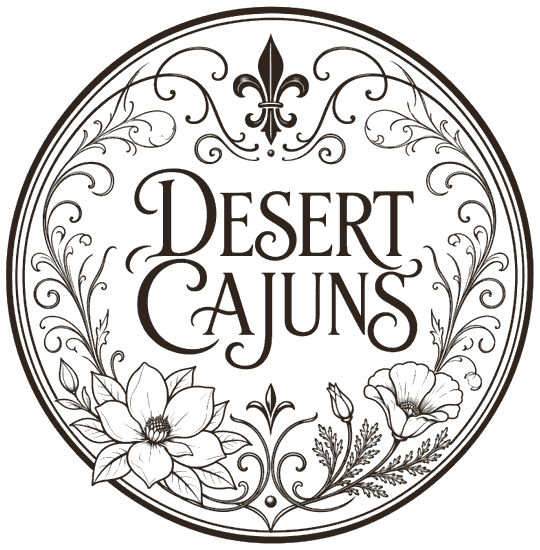 Desert Cajuns logo: a round emblem with a fleur-de-lis, a magnolia blossom and a California poppy